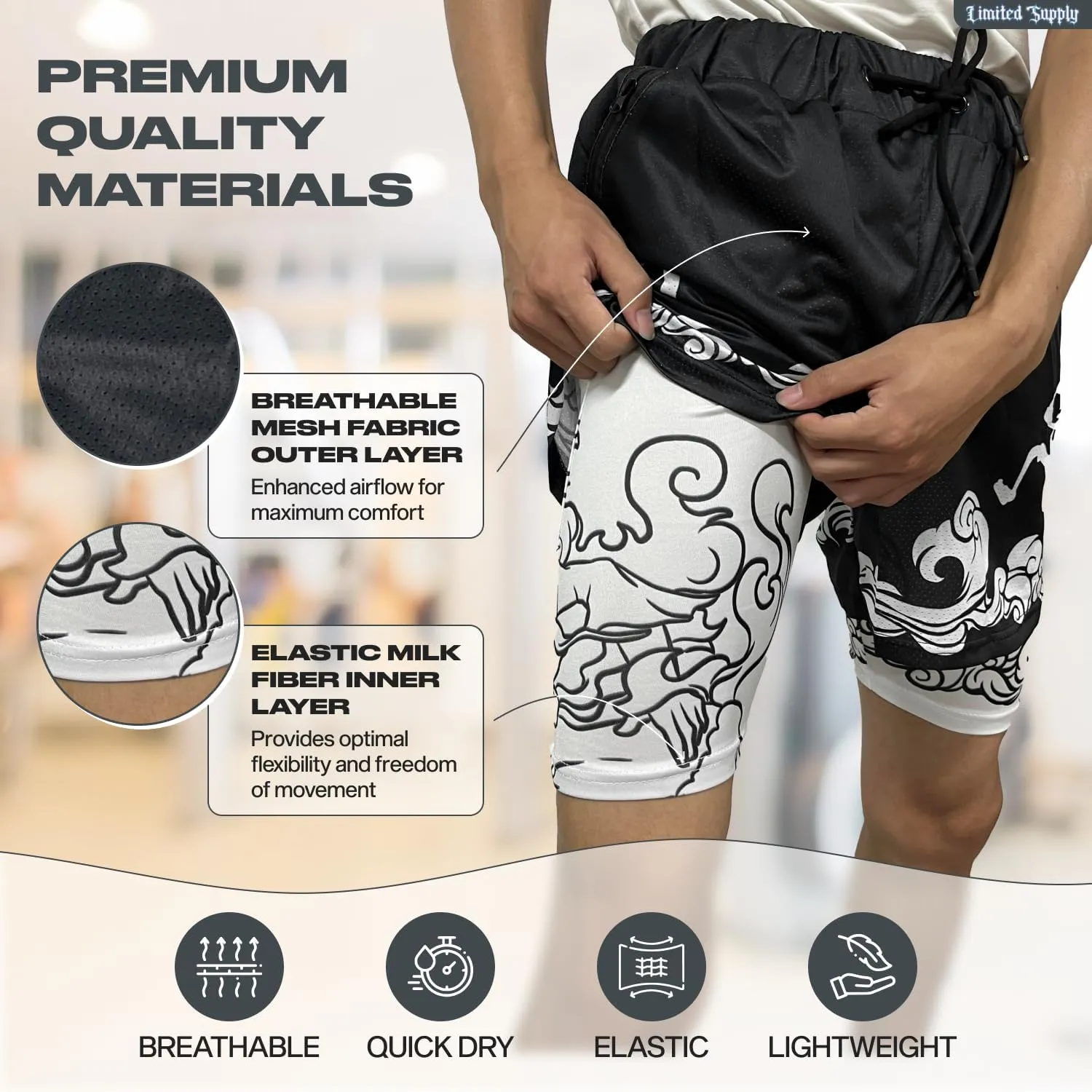 CROWN Anime Shorts - Breathable Stretch Compression Gym Mesh Short with Pockets and Towel Holder