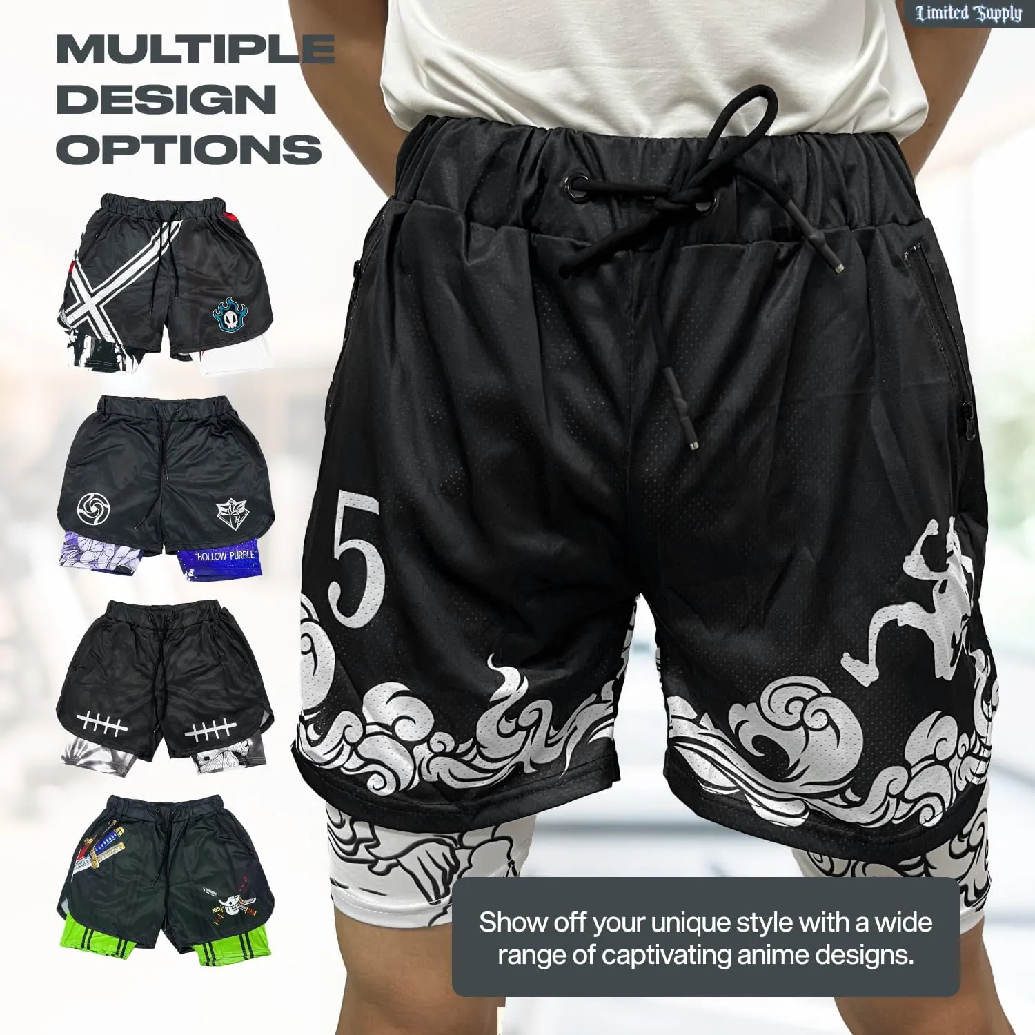 CROWN Anime Shorts - Breathable Stretch Compression Gym Mesh Short with Pockets and Towel Holder