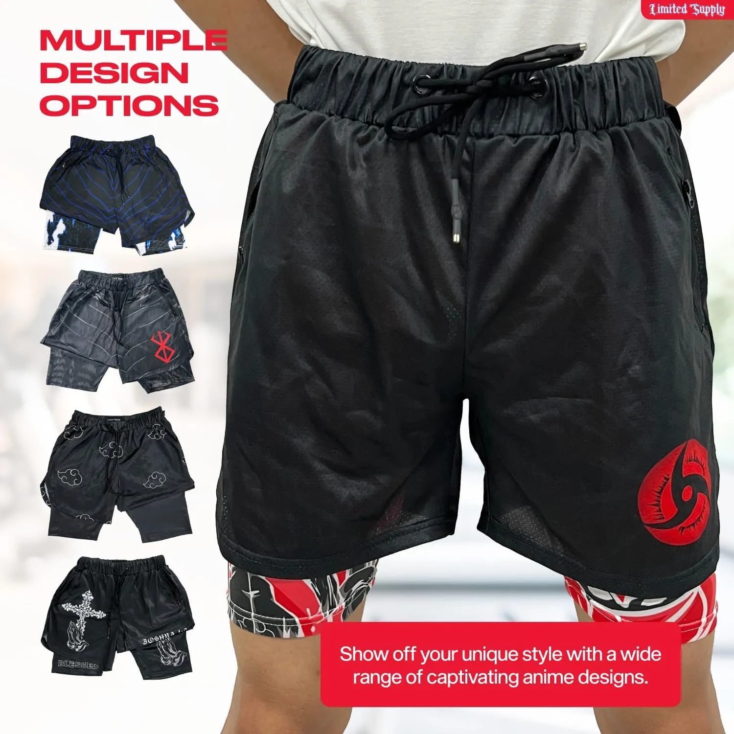 CROWN Anime Shorts - Breathable Stretch Compression Gym Mesh Short with Pockets and Towel Holder