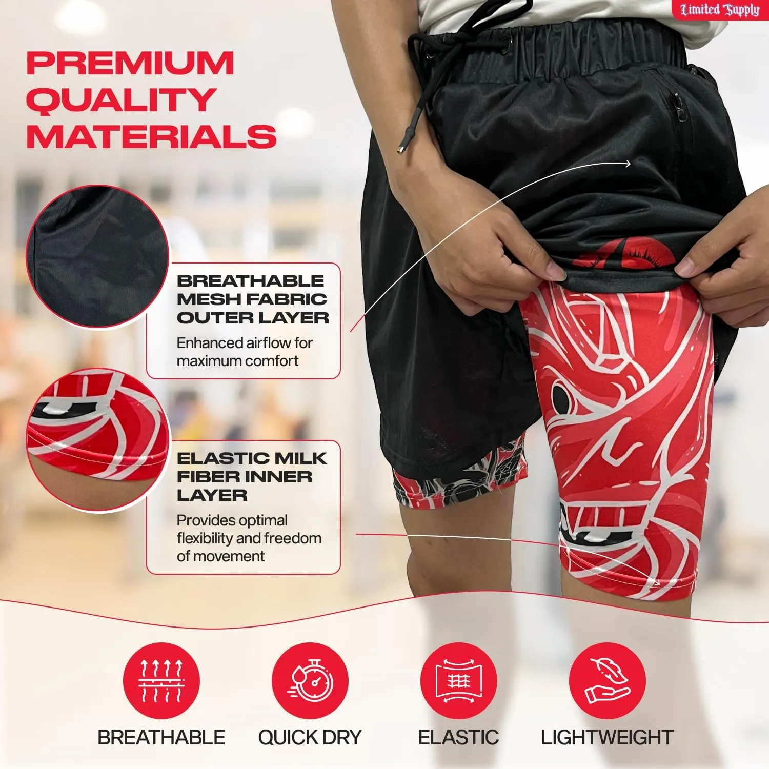 CROWN Anime Shorts - Breathable Stretch Compression Gym Mesh Short with Pockets and Towel Holder