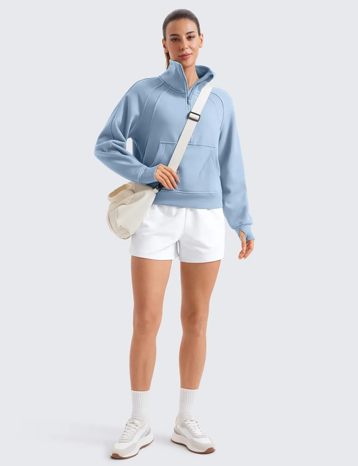 CRZ YOGA Womens Fleece Lined Half Zipper Sweatshirts Funnel Neck Long Sleeve Oversized Pullover Hoodies with Thumb Holes