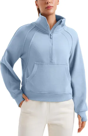 CRZ YOGA Womens Fleece Lined Half Zipper Sweatshirts Funnel Neck Long Sleeve Oversized Pullover Hoodies with Thumb Holes