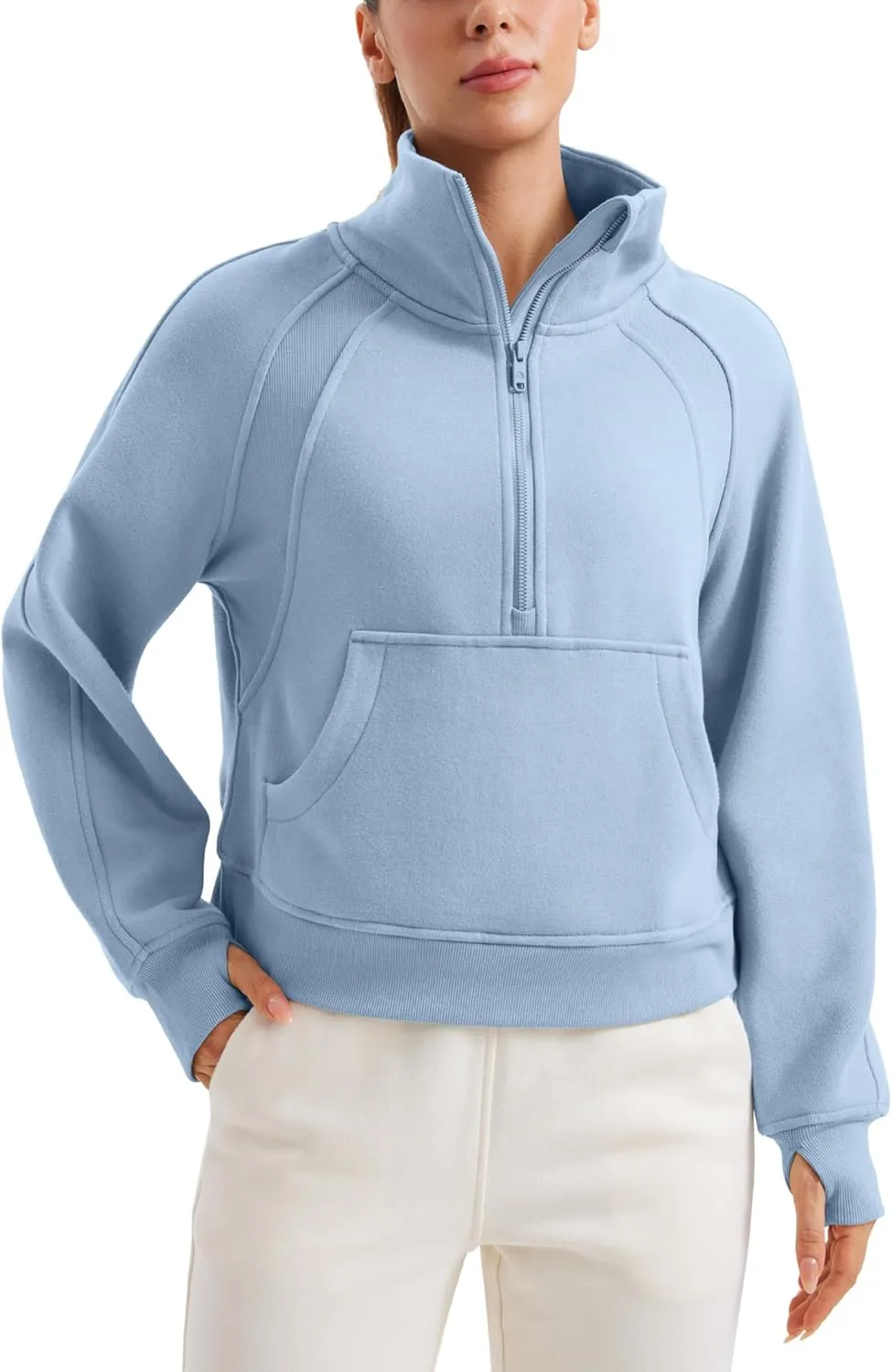CRZ YOGA Womens Fleece Lined Half Zipper Sweatshirts Funnel Neck Long Sleeve Oversized Pullover Hoodies with Thumb Holes
