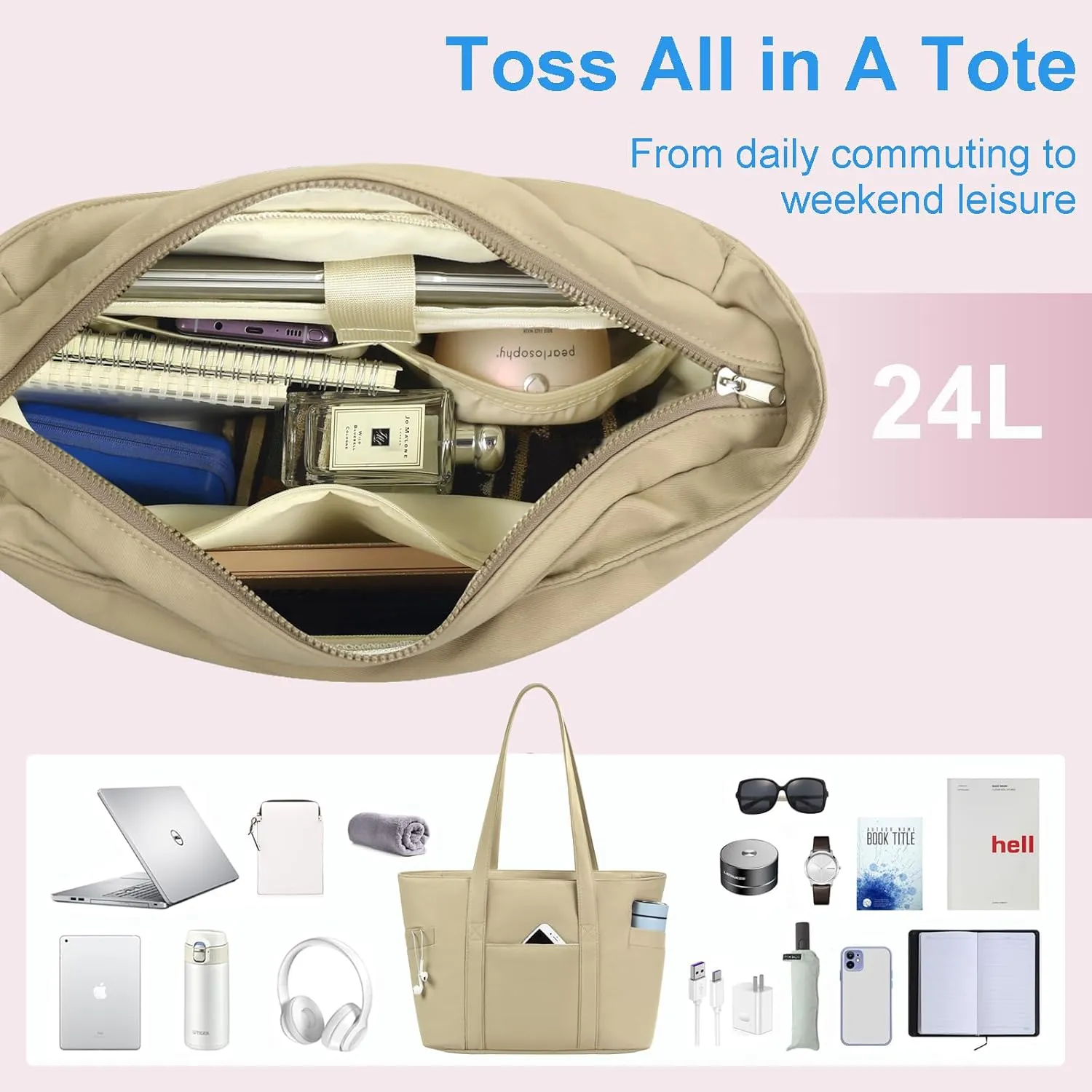 CTWWFS Tote Bag for Women, Travel Essentials Large Tote Bag with Zipper, Top Handle Handbag for Travel, Work