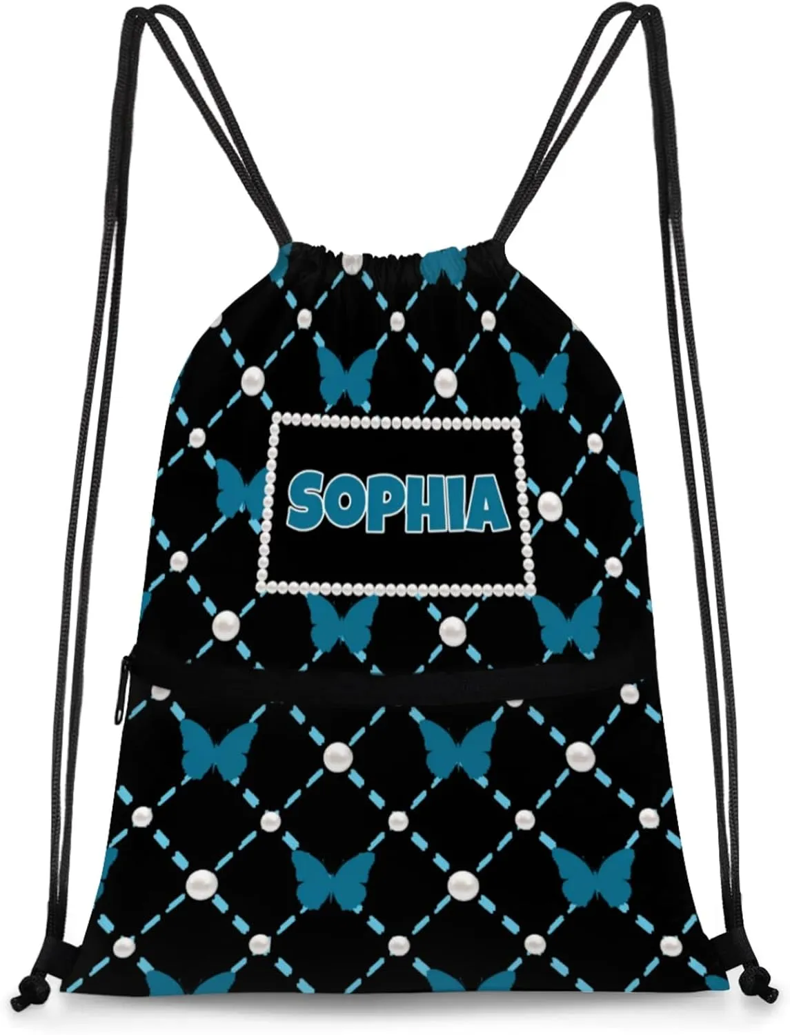 Custom Name Black Drawstring Backpack Strap Pack String Bag Lightweight Dance Gymnastics Bag, Dark Blue Butterflies with Pearl Pattern
