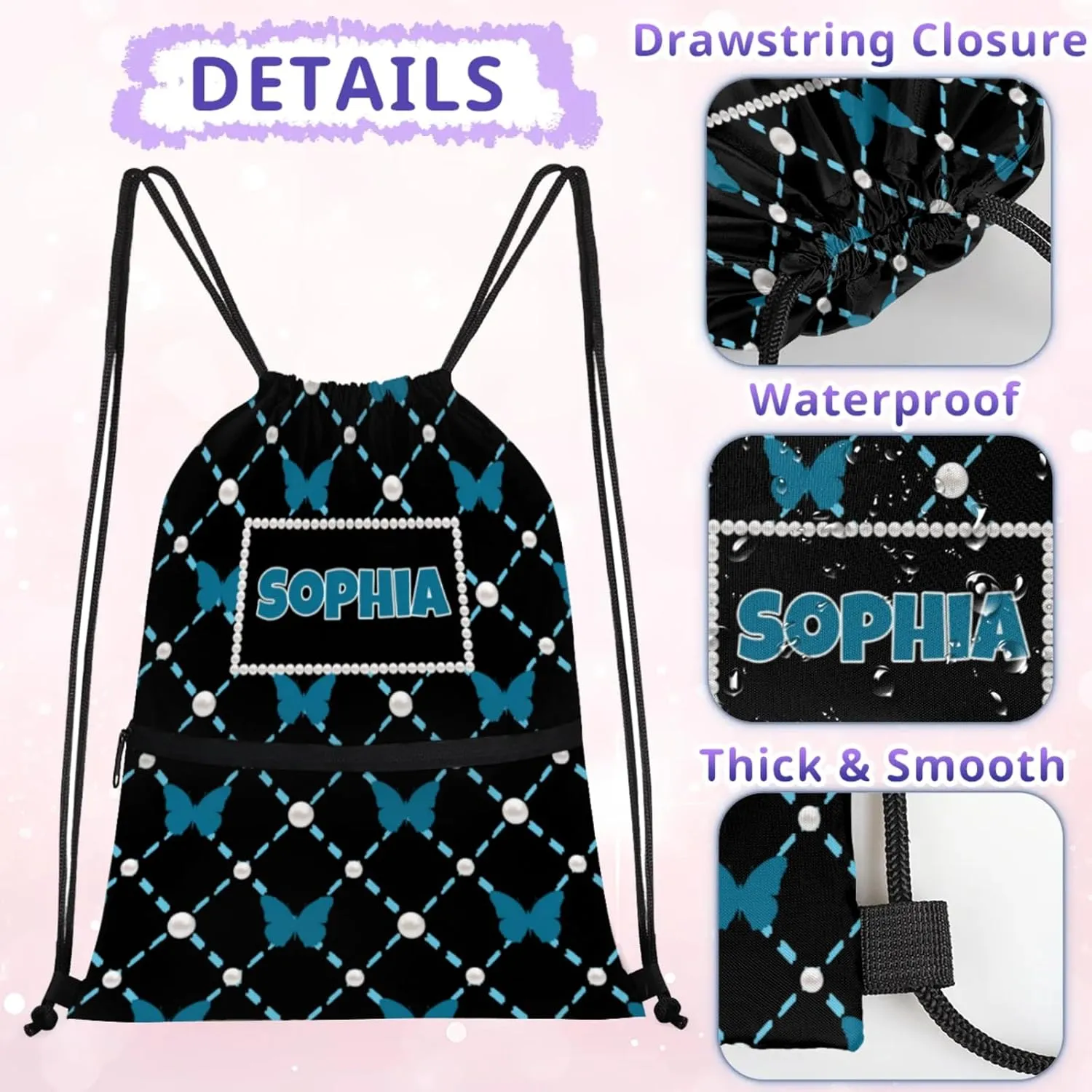 Custom Name Black Drawstring Backpack Strap Pack String Bag Lightweight Dance Gymnastics Bag, Dark Blue Butterflies with Pearl Pattern