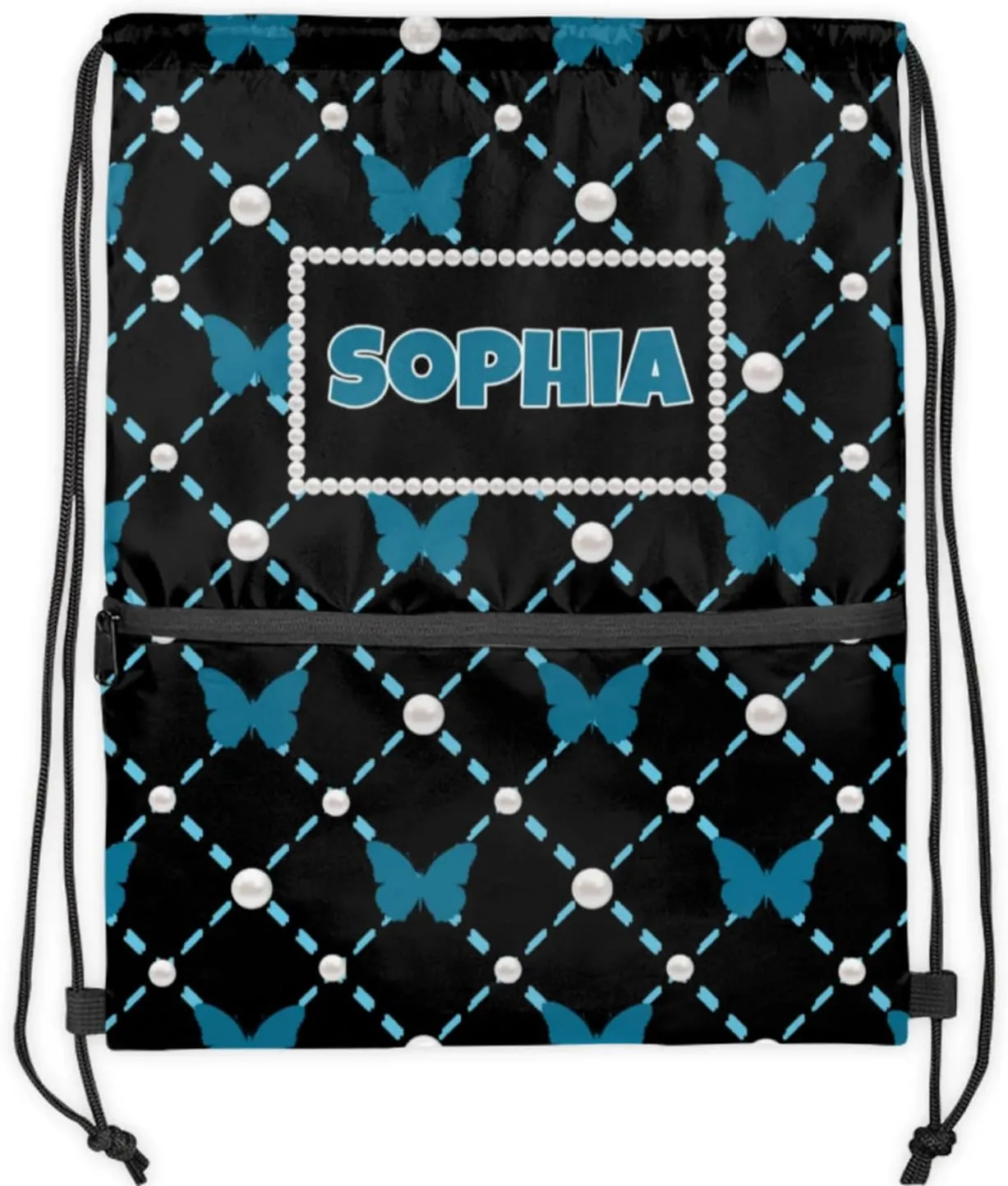 Custom Name Black Drawstring Backpack Strap Pack String Bag Lightweight Dance Gymnastics Bag, Dark Blue Butterflies with Pearl Pattern