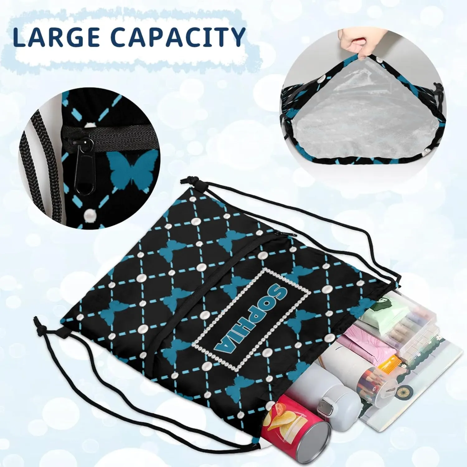 Custom Name Black Drawstring Backpack Strap Pack String Bag Lightweight Dance Gymnastics Bag, Dark Blue Butterflies with Pearl Pattern