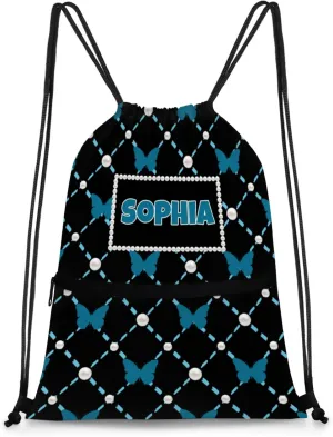 Custom Name Black Drawstring Backpack Strap Pack String Bag Lightweight Dance Gymnastics Bag, Dark Blue Butterflies with Pearl Pattern