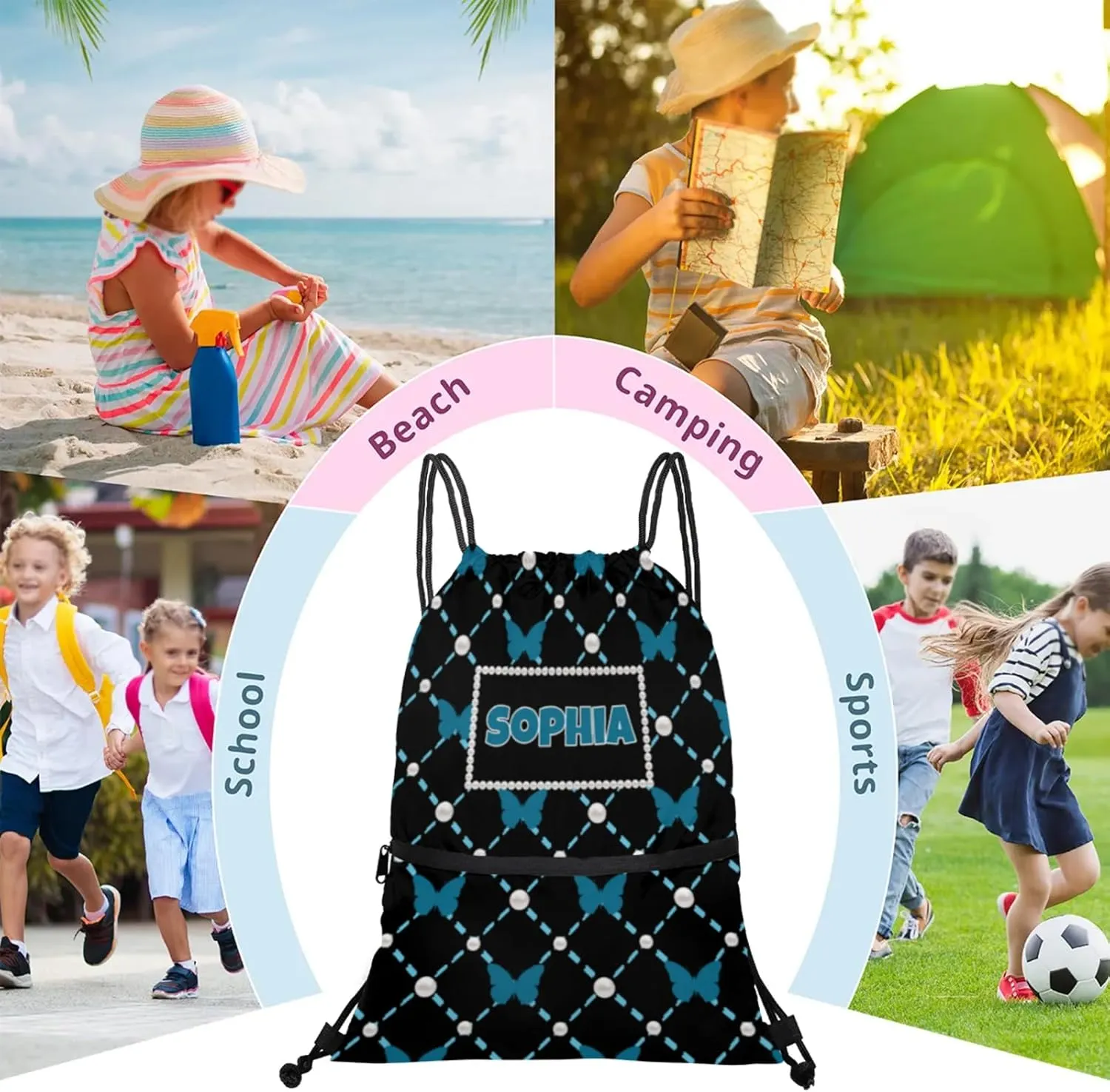 Custom Name Black Drawstring Backpack Strap Pack String Bag Lightweight Dance Gymnastics Bag, Dark Blue Butterflies with Pearl Pattern