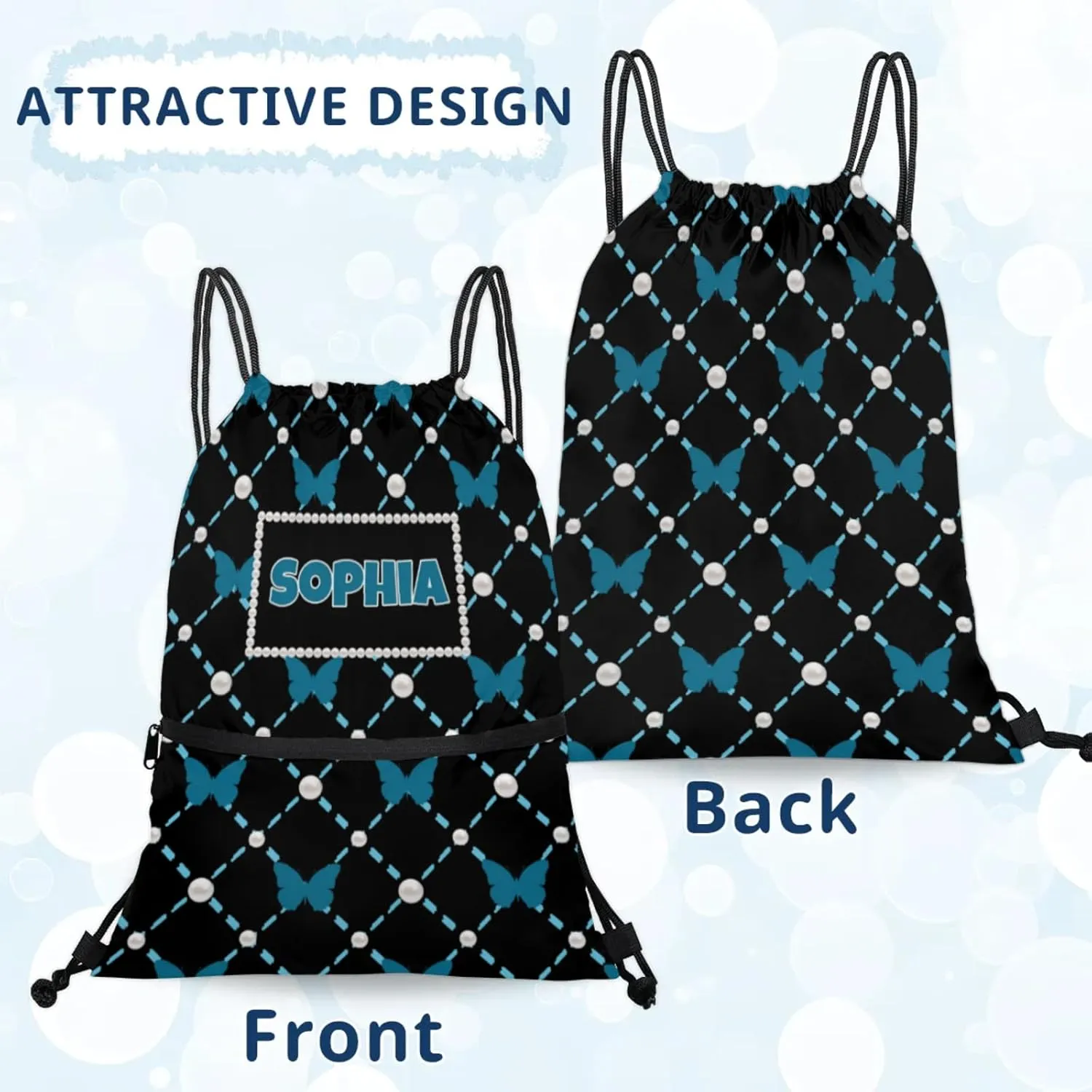 Custom Name Black Drawstring Backpack Strap Pack String Bag Lightweight Dance Gymnastics Bag, Dark Blue Butterflies with Pearl Pattern