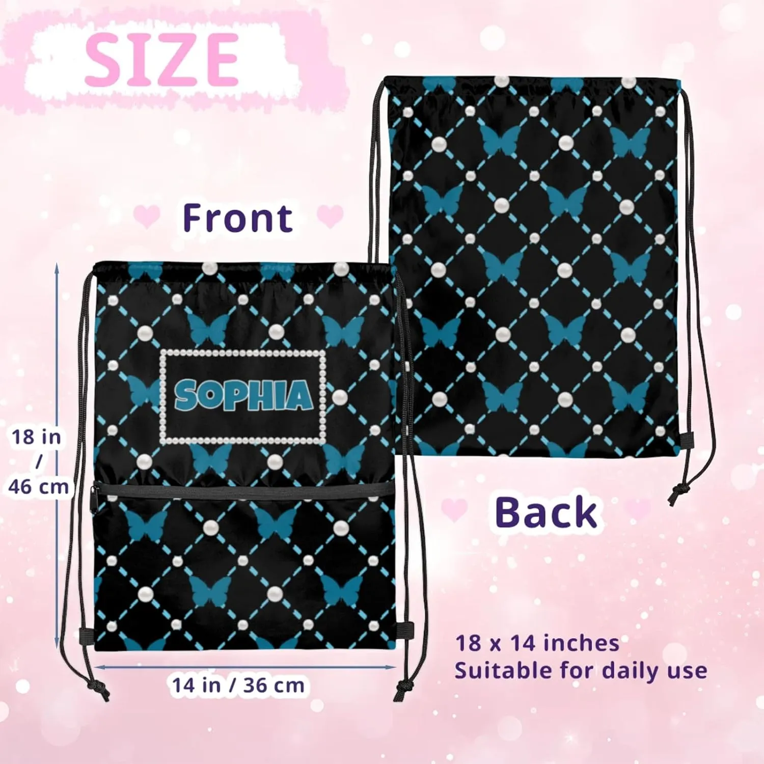 Custom Name Black Drawstring Backpack Strap Pack String Bag Lightweight Dance Gymnastics Bag, Dark Blue Butterflies with Pearl Pattern