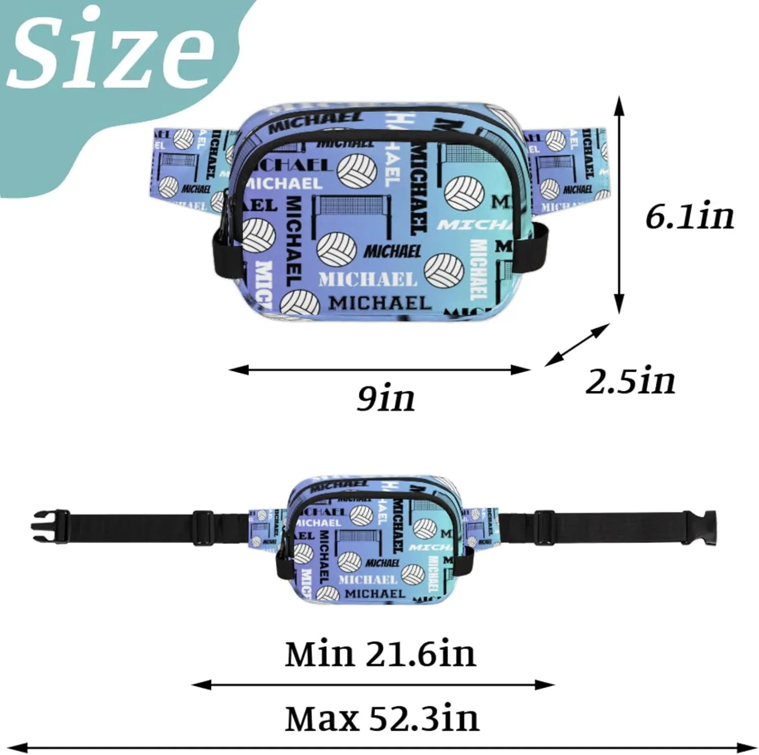 Custom Name Volleyball Waist Packs for Women Men, Personalized Belt Bag Crossbody Fanny Pack with Adjustable Strap for Sports Workout Running, Blue Purple
