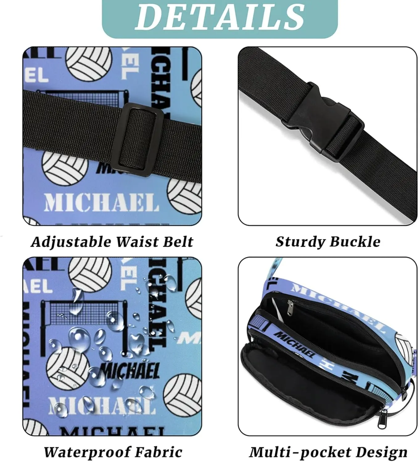 Custom Name Volleyball Waist Packs for Women Men, Personalized Belt Bag Crossbody Fanny Pack with Adjustable Strap for Sports Workout Running, Blue Purple