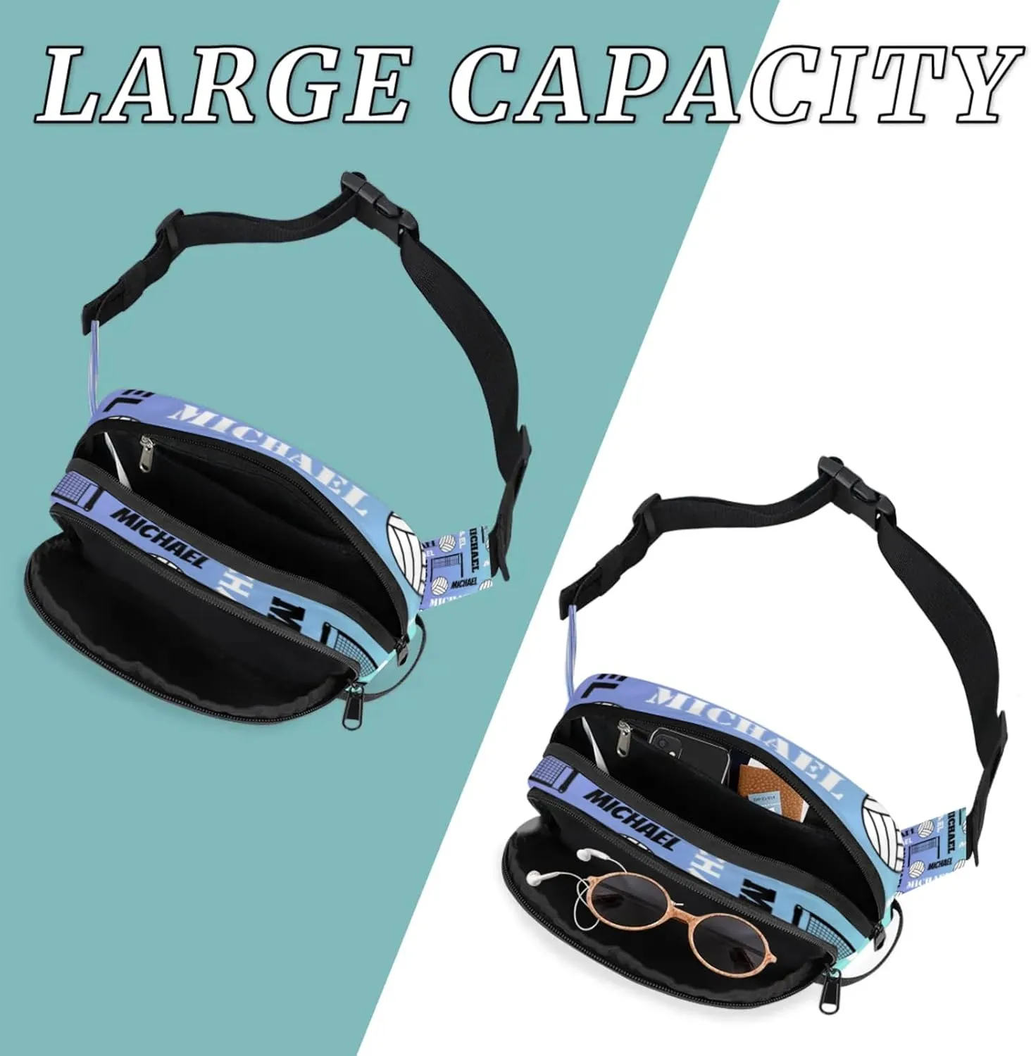 Custom Name Volleyball Waist Packs for Women Men, Personalized Belt Bag Crossbody Fanny Pack with Adjustable Strap for Sports Workout Running, Blue Purple