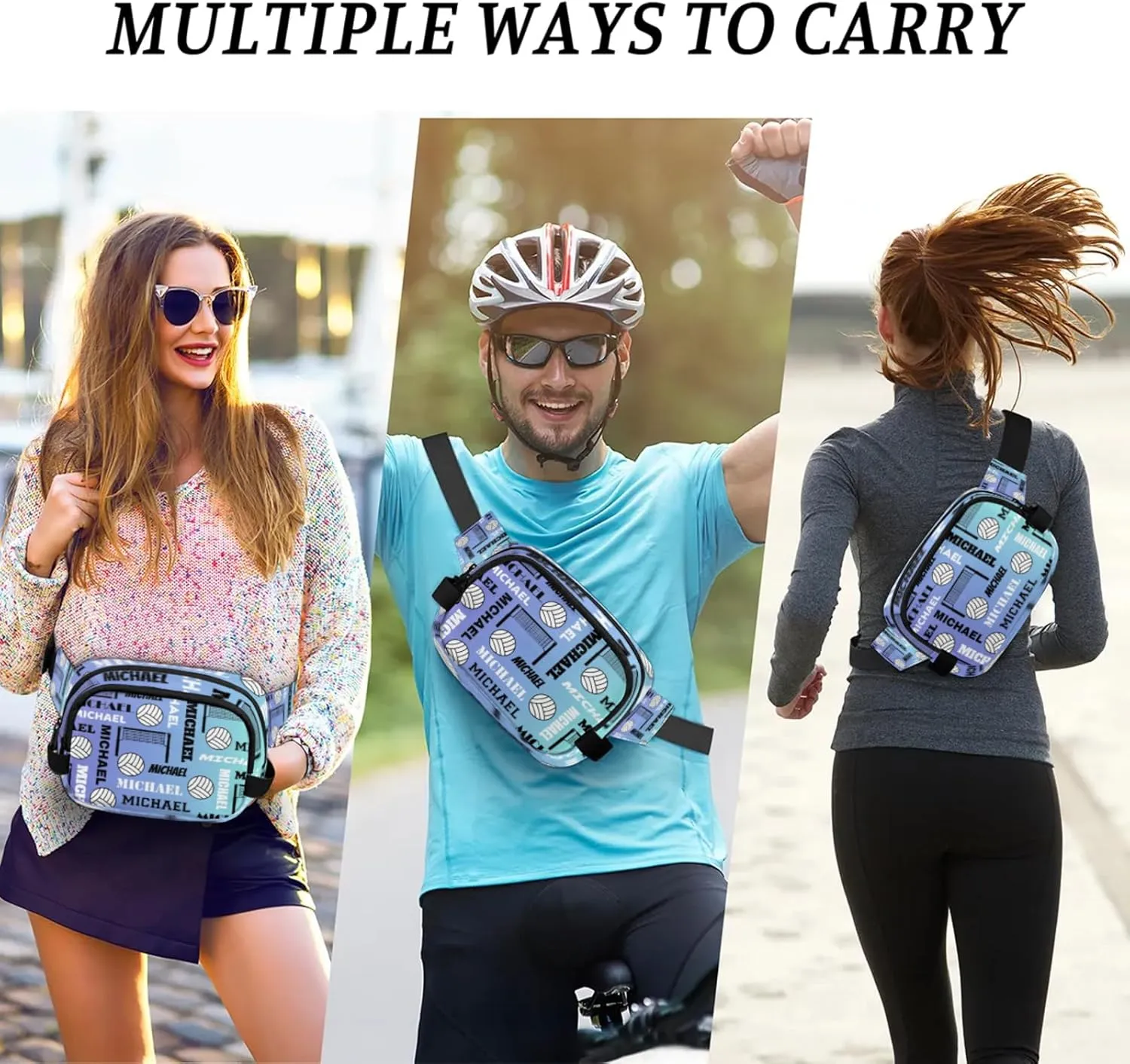 Custom Name Volleyball Waist Packs for Women Men, Personalized Belt Bag Crossbody Fanny Pack with Adjustable Strap for Sports Workout Running, Blue Purple