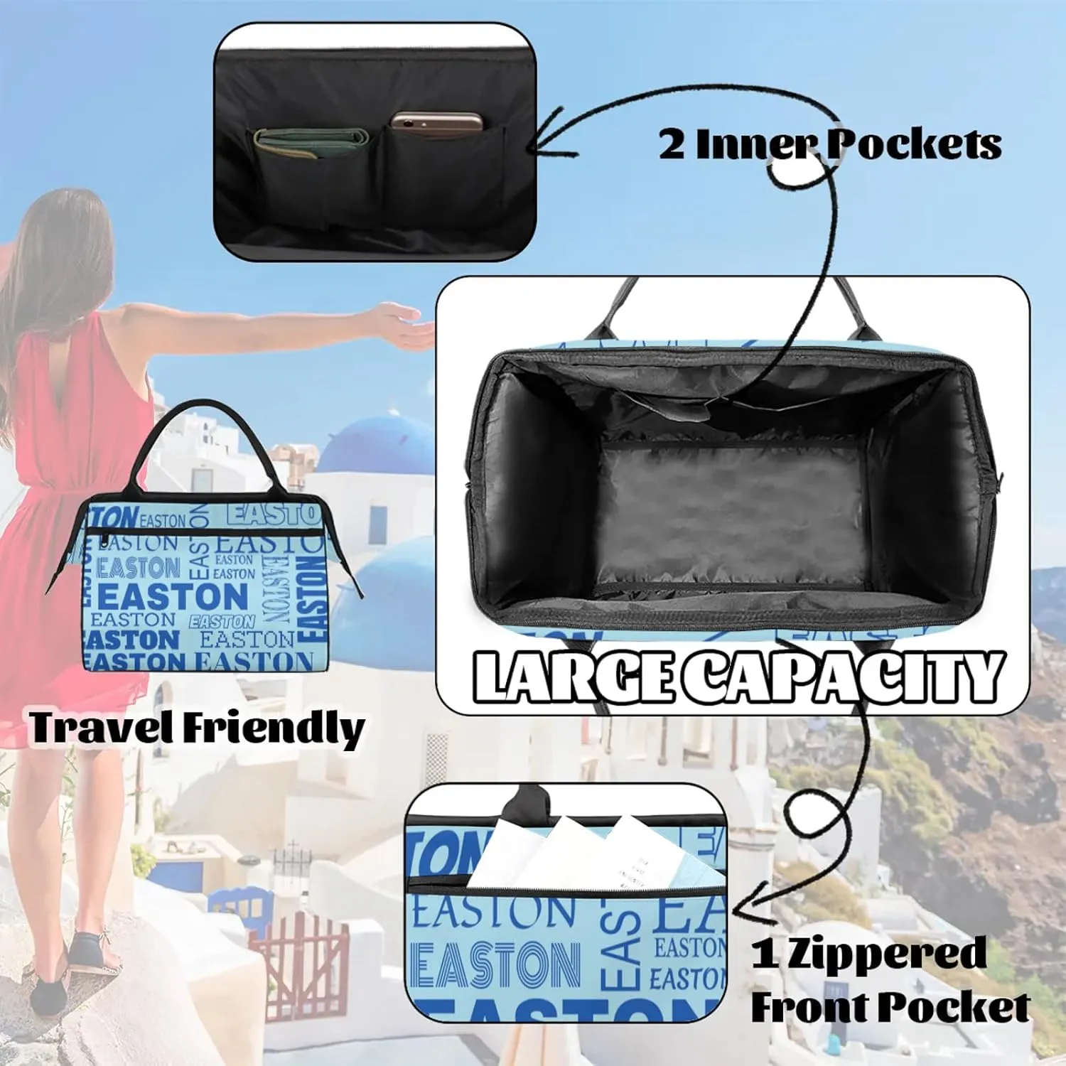 Custom Sport Gym Duffel Bag with Name Personalized Travel Overnight Bag Waterproof Customized Dance Bag Carry-On Tote 15.2in, Sky Blue