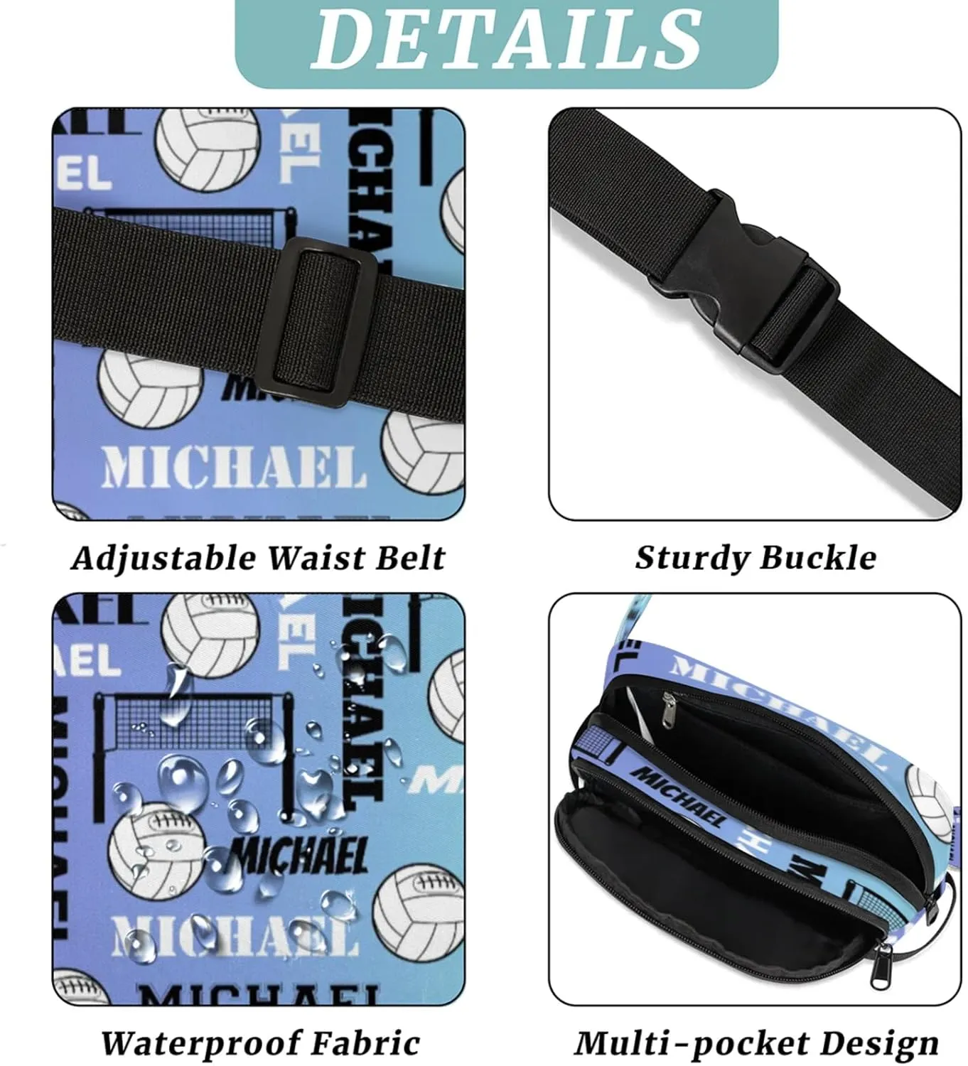 Custom Volleyball Waist Packs for Women Men, Personalized Name Fanny Pack Crossbody Belt Bag with Adjustable Strap for Sports Workout Traveling, Blue Purple