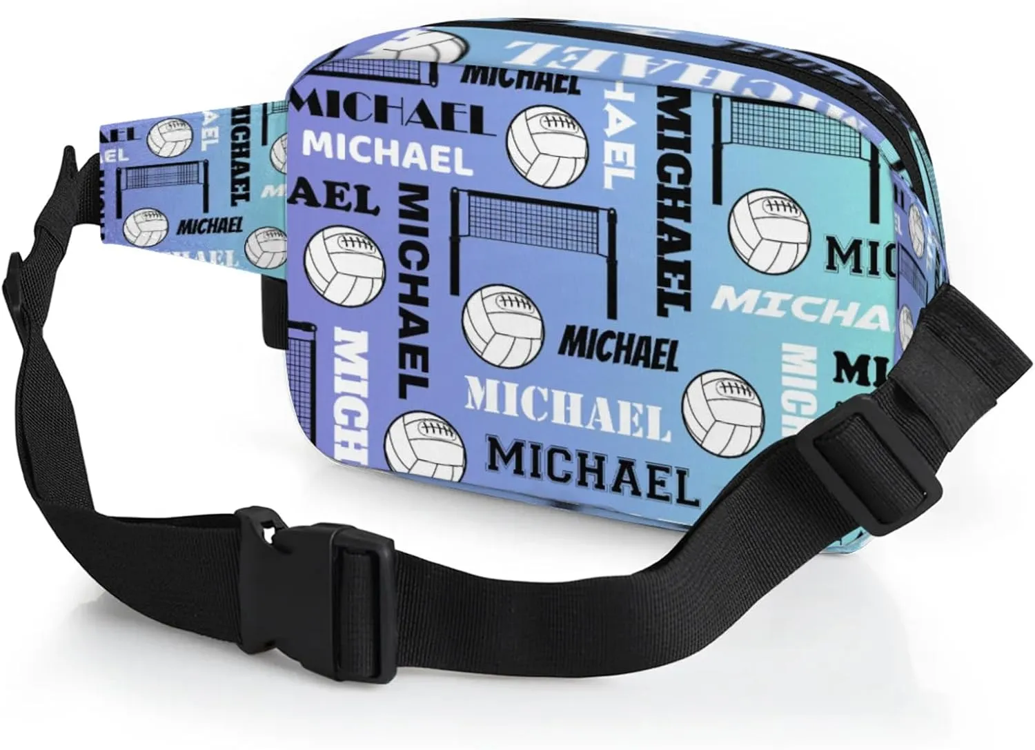 Custom Volleyball Waist Packs for Women Men, Personalized Name Fanny Pack Crossbody Belt Bag with Adjustable Strap for Sports Workout Traveling, Blue Purple
