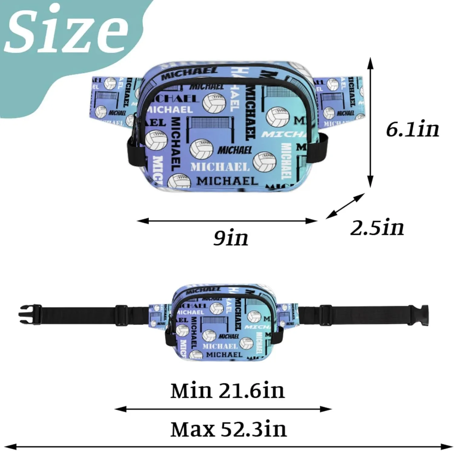 Custom Volleyball Waist Packs for Women Men, Personalized Name Fanny Pack Crossbody Belt Bag with Adjustable Strap for Sports Workout Traveling, Blue Purple