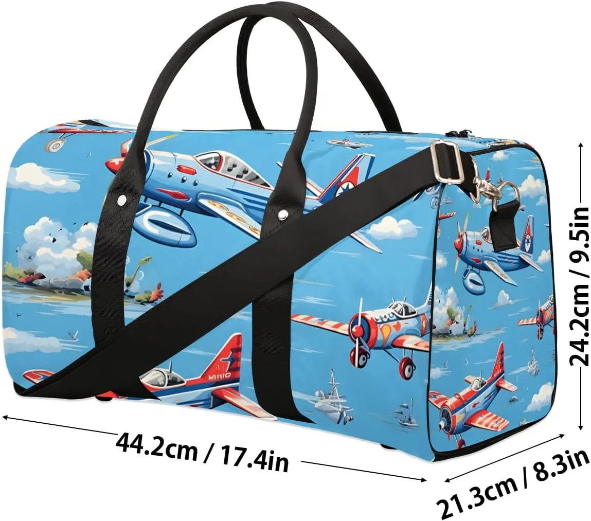 Cute Airplane Helicopter Print Travel Duffel Bag for Women Men Waterproof Foldable Overnight Weekender Bag Large Capacity Sports Gym Bag