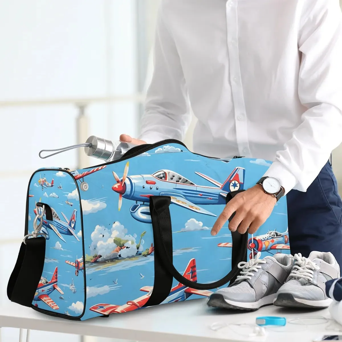 Cute Airplane Helicopter Print Travel Duffel Bag for Women Men Waterproof Foldable Overnight Weekender Bag Large Capacity Sports Gym Bag