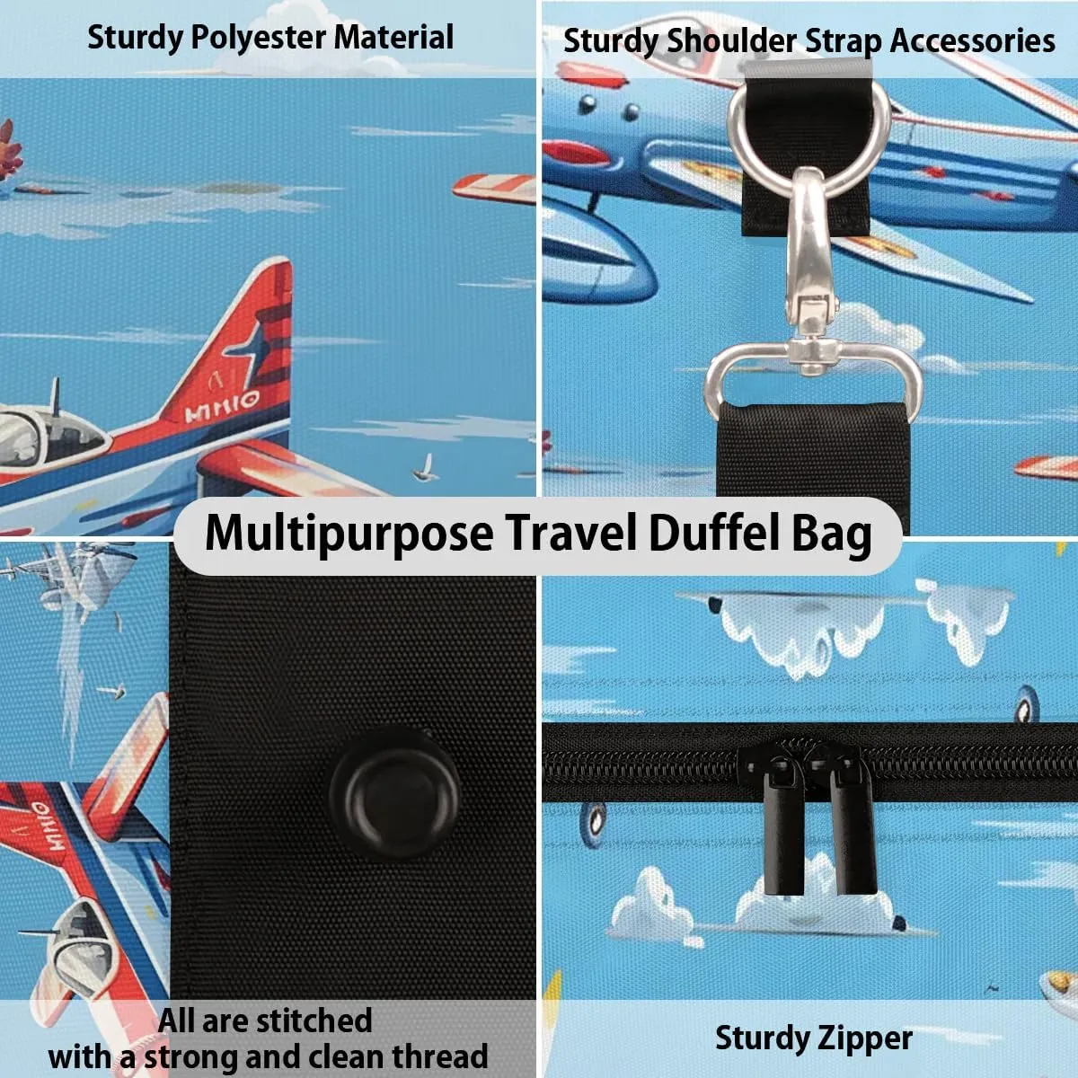 Cute Airplane Helicopter Print Travel Duffel Bag for Women Men Waterproof Foldable Overnight Weekender Bag Large Capacity Sports Gym Bag