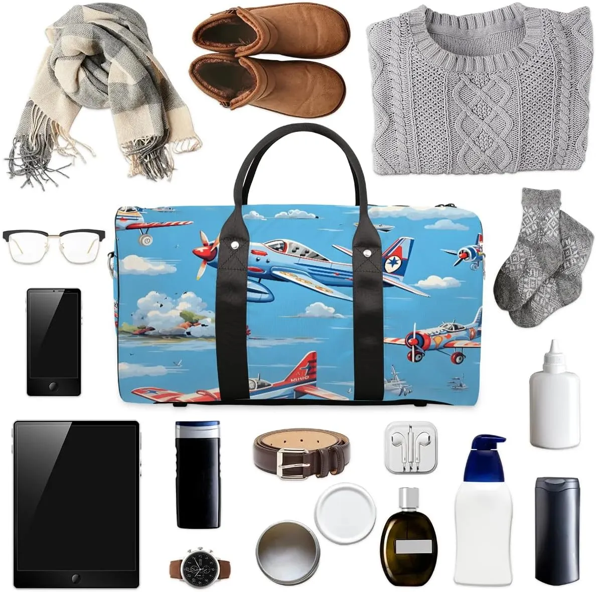 Cute Airplane Helicopter Print Travel Duffel Bag for Women Men Waterproof Foldable Overnight Weekender Bag Large Capacity Sports Gym Bag