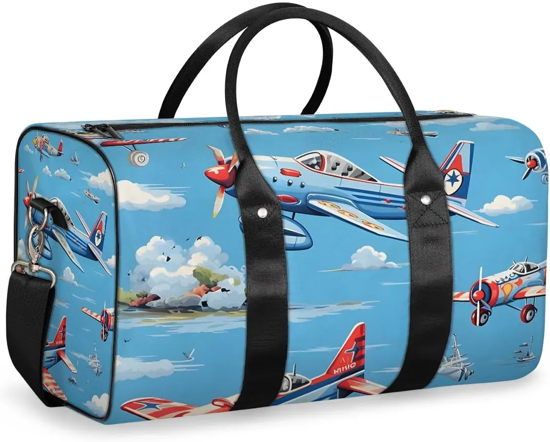Cute Airplane Helicopter Print Travel Duffel Bag for Women Men Waterproof Foldable Overnight Weekender Bag Large Capacity Sports Gym Bag