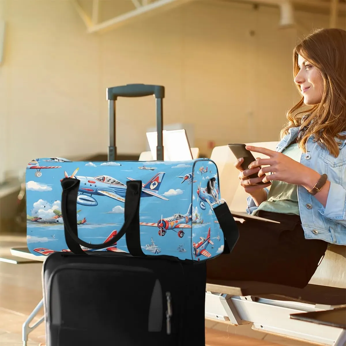 Cute Airplane Helicopter Print Travel Duffel Bag for Women Men Waterproof Foldable Overnight Weekender Bag Large Capacity Sports Gym Bag