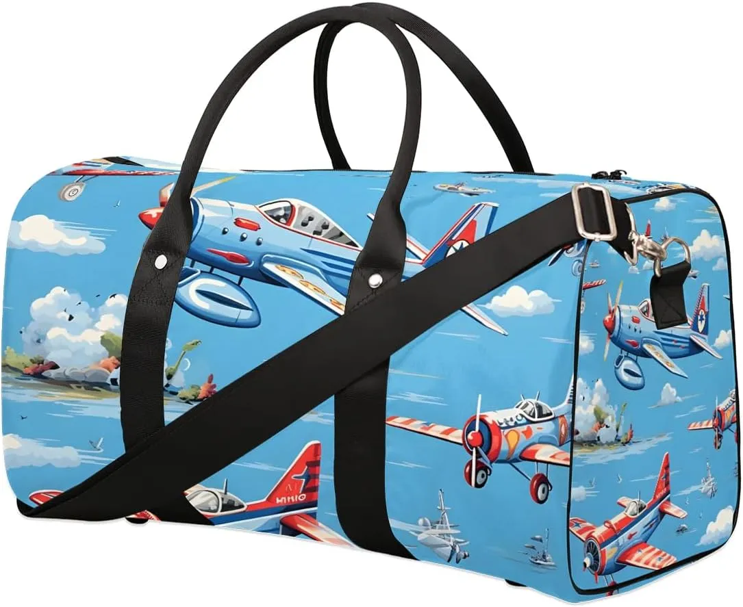Cute Airplane Helicopter Print Travel Duffel Bag for Women Men Waterproof Foldable Overnight Weekender Bag Large Capacity Sports Gym Bag