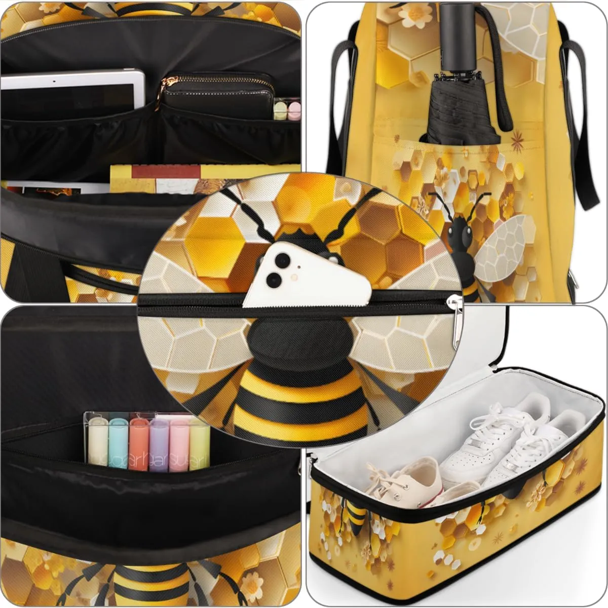 Cute Bees Foldable Travel Duffel Bag Overnight Weekender Bag with Shoes Compartment Sports Gym Bag for Men Women