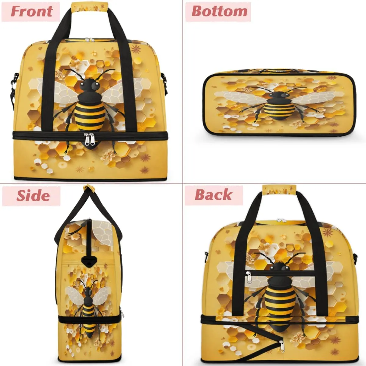 Cute Bees Foldable Travel Duffel Bag Overnight Weekender Bag with Shoes Compartment Sports Gym Bag for Men Women