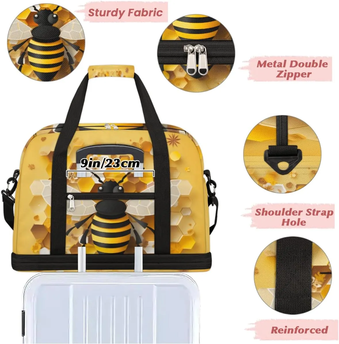 Cute Bees Foldable Travel Duffel Bag Overnight Weekender Bag with Shoes Compartment Sports Gym Bag for Men Women
