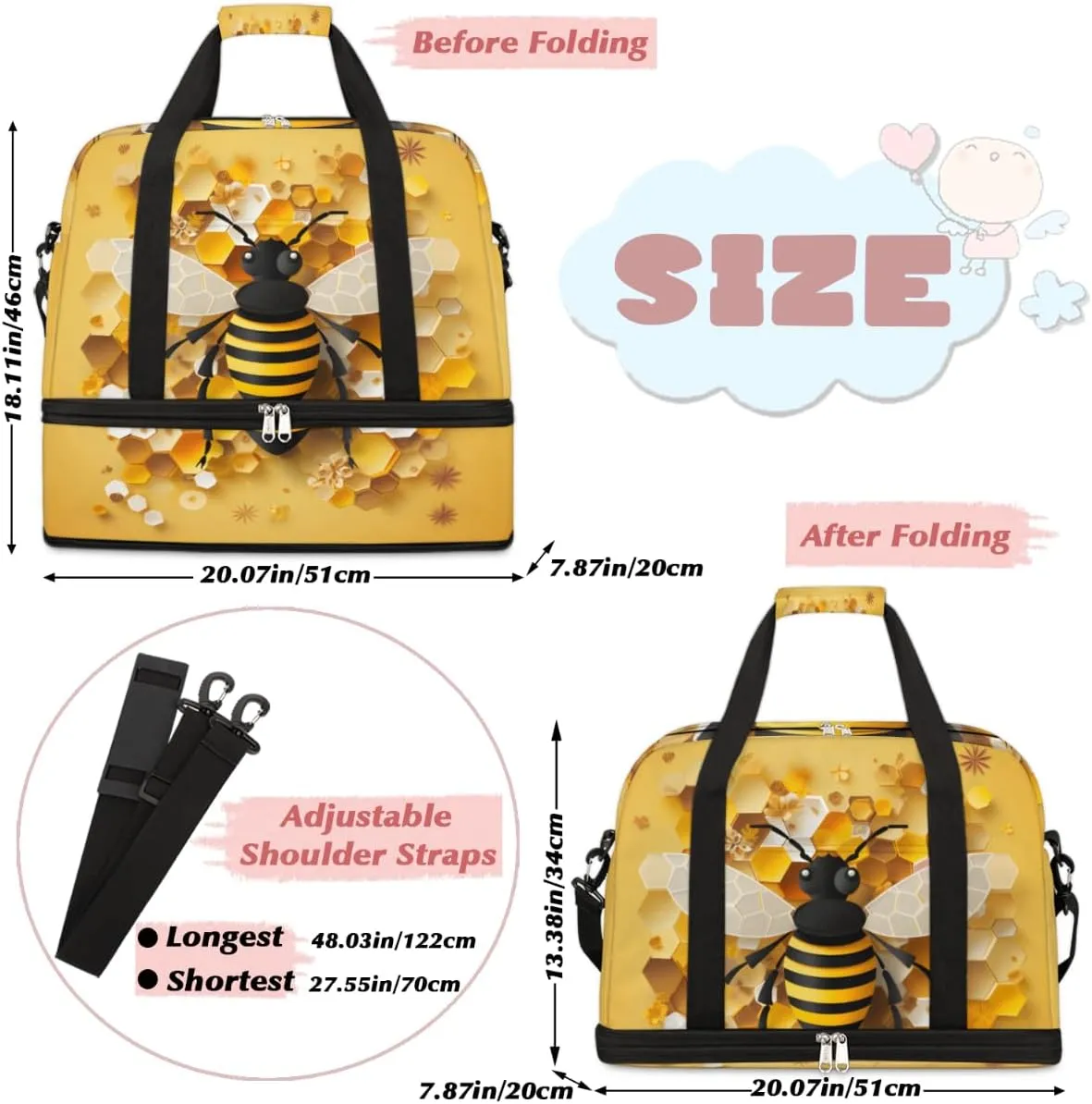 Cute Bees Foldable Travel Duffel Bag Overnight Weekender Bag with Shoes Compartment Sports Gym Bag for Men Women