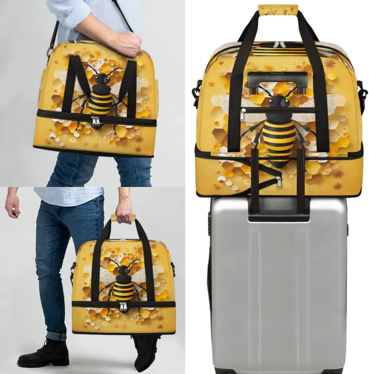 Cute Bees Foldable Travel Duffel Bag Overnight Weekender Bag with Shoes Compartment Sports Gym Bag for Men Women