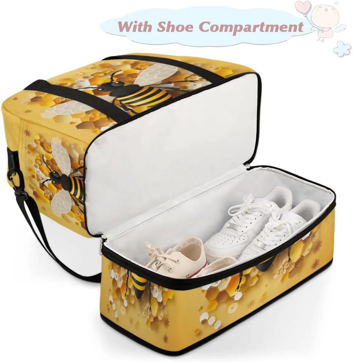 Cute Bees Foldable Travel Duffel Bag Overnight Weekender Bag with Shoes Compartment Sports Gym Bag for Men Women