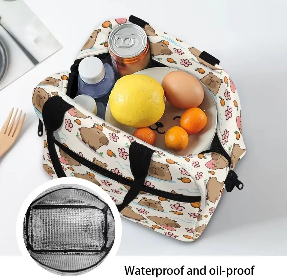 Cute Capybara Floral Print Lunch Box for Teachers Waterproof and Oil Proof Lunch Containers for Workers Foldable Insulated Lunch Bag with Shoulder Strap, Business Work
