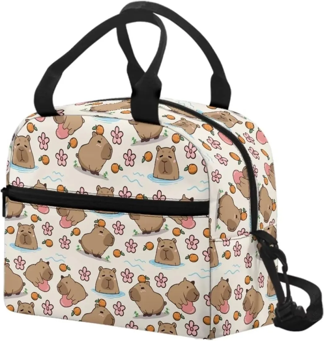 Cute Capybara Floral Print Lunch Box for Teachers Waterproof and Oil Proof Lunch Containers for Workers Foldable Insulated Lunch Bag with Shoulder Strap, Business Work