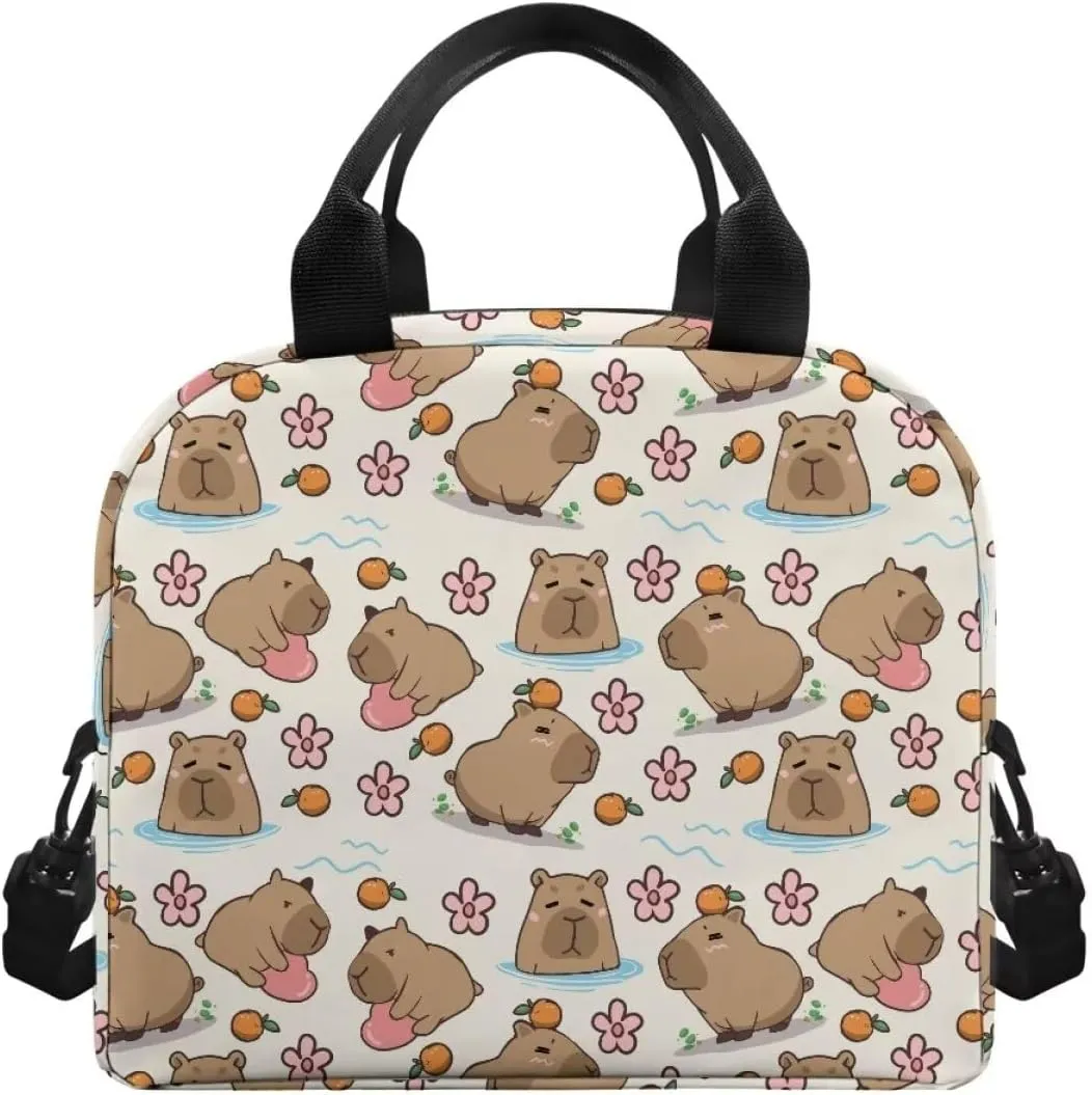 Cute Capybara Floral Print Lunch Box for Teachers Waterproof and Oil Proof Lunch Containers for Workers Foldable Insulated Lunch Bag with Shoulder Strap, Business Work