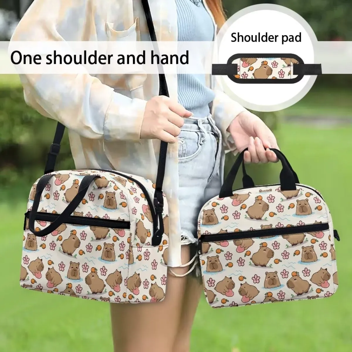 Cute Capybara Floral Print Lunch Box for Teachers Waterproof and Oil Proof Lunch Containers for Workers Foldable Insulated Lunch Bag with Shoulder Strap, Business Work