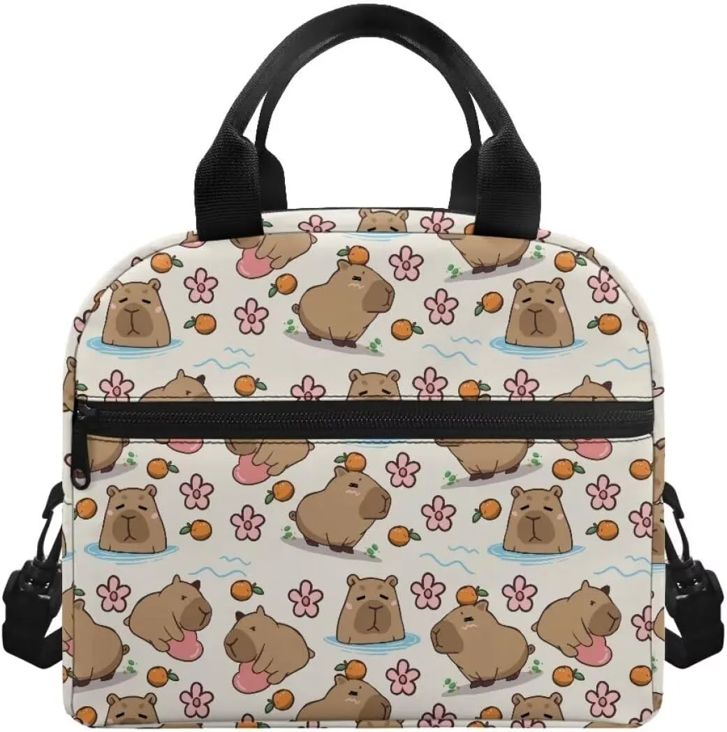 Cute Capybara Floral Print Lunch Box for Teachers Waterproof and Oil Proof Lunch Containers for Workers Foldable Insulated Lunch Bag with Shoulder Strap, Business Work