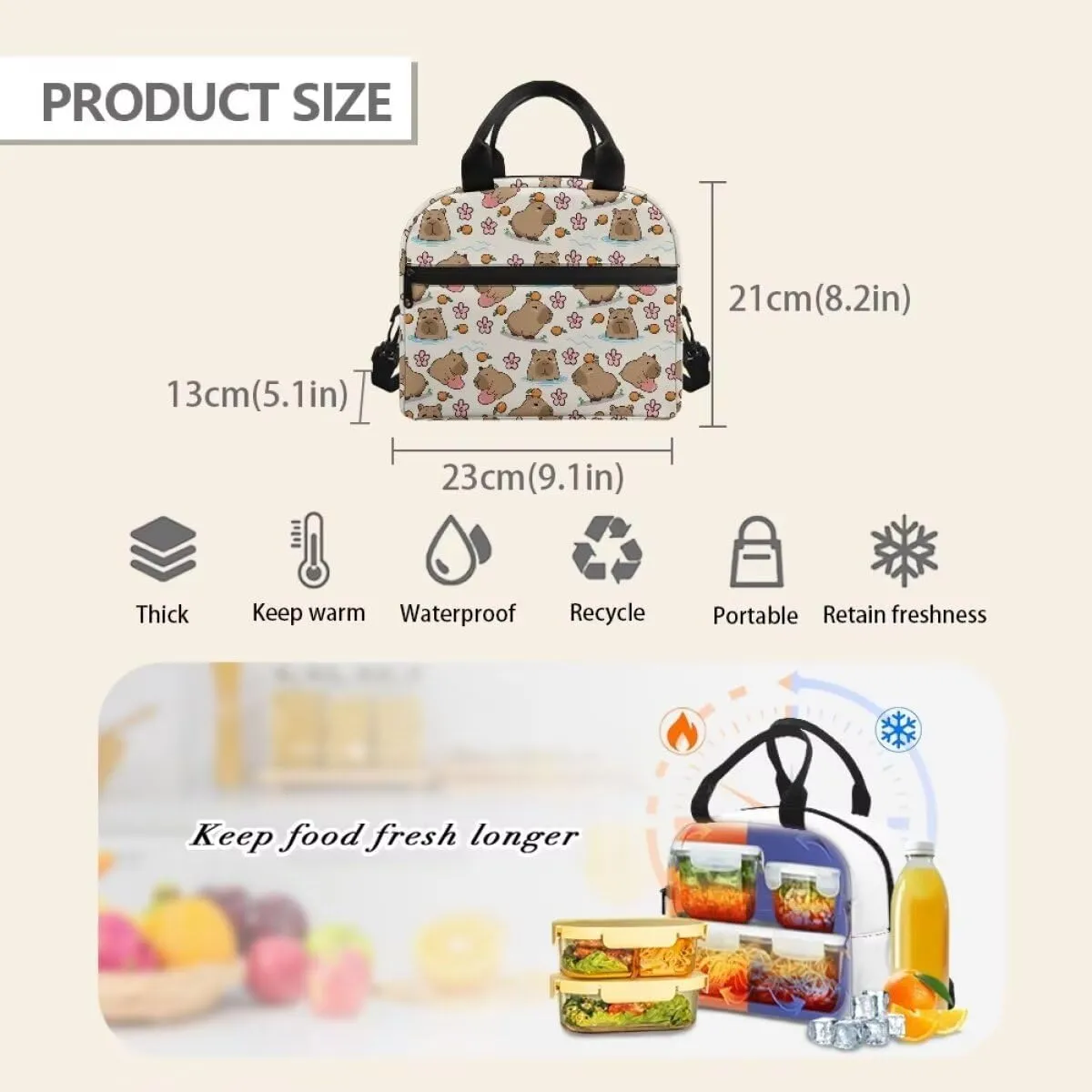Cute Capybara Floral Print Lunch Box for Teachers Waterproof and Oil Proof Lunch Containers for Workers Foldable Insulated Lunch Bag with Shoulder Strap, Business Work