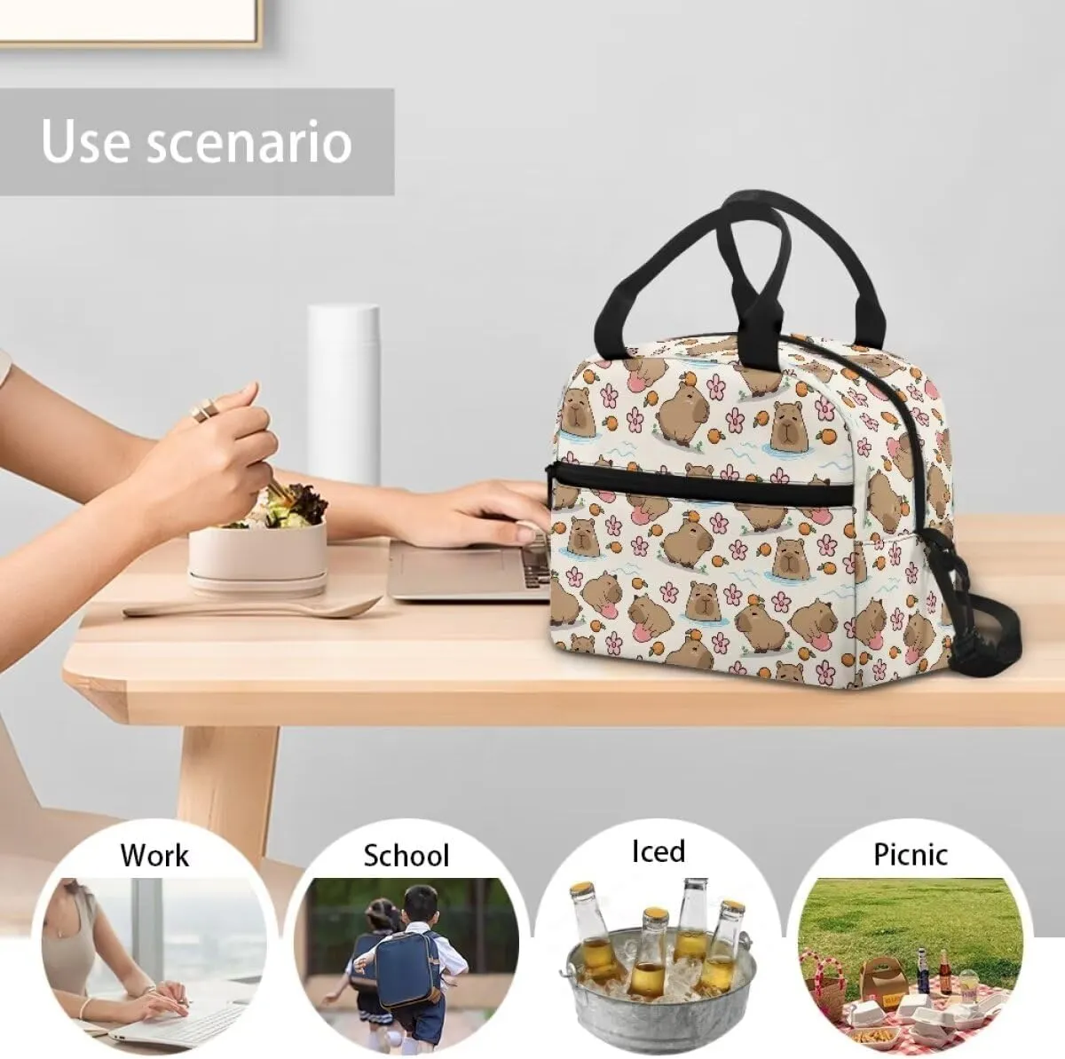 Cute Capybara Floral Print Lunch Box for Teachers Waterproof and Oil Proof Lunch Containers for Workers Foldable Insulated Lunch Bag with Shoulder Strap, Business Work