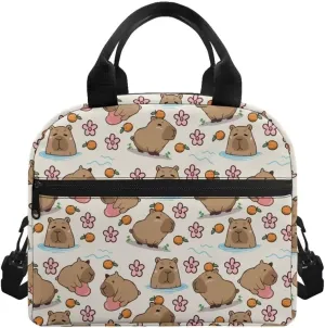 Cute Capybara Floral Print Lunch Box for Teachers Waterproof and Oil Proof Lunch Containers for Workers Foldable Insulated Lunch Bag with Shoulder Strap, Business Work