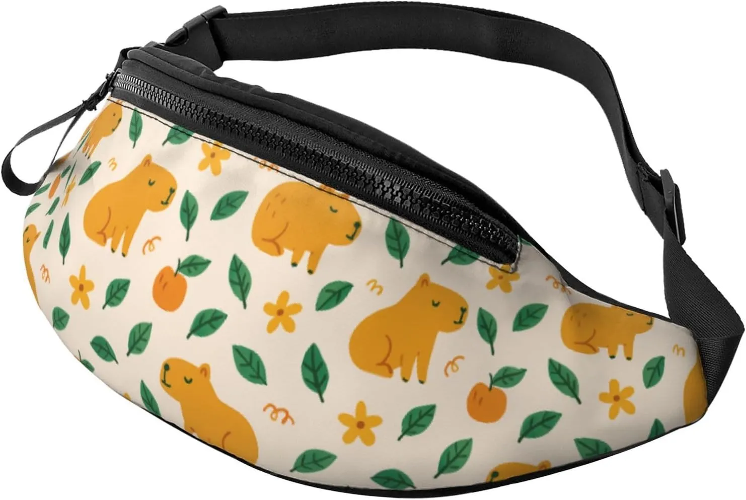 Cute Capybara Print Fanny Pack, Floral Pattern Waist Bag with Adjustable Strap, Yellow and Green