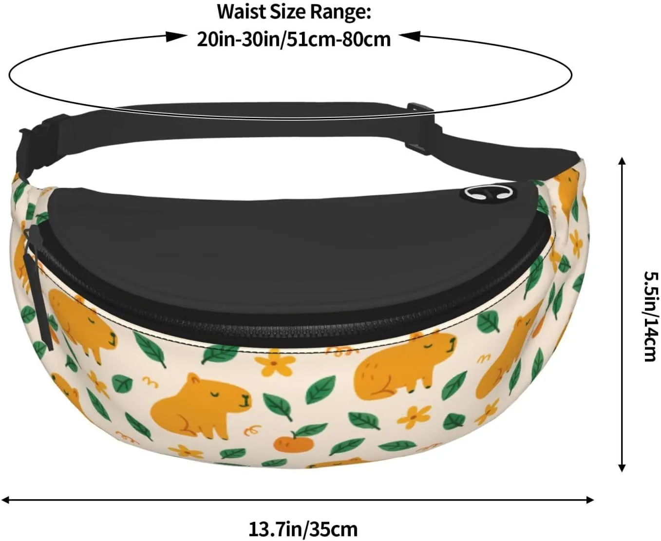 Cute Capybara Print Fanny Pack, Floral Pattern Waist Bag with Adjustable Strap, Yellow and Green