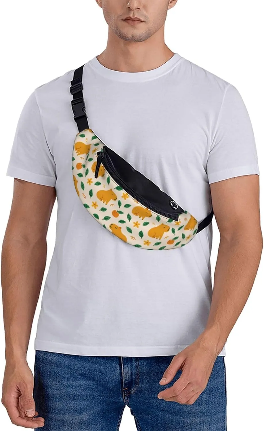 Cute Capybara Print Fanny Pack, Floral Pattern Waist Bag with Adjustable Strap, Yellow and Green