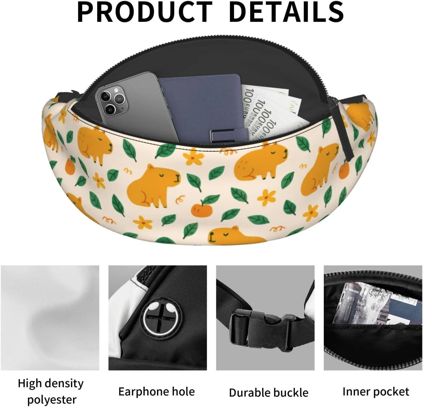 Cute Capybara Print Fanny Pack, Floral Pattern Waist Bag with Adjustable Strap, Yellow and Green
