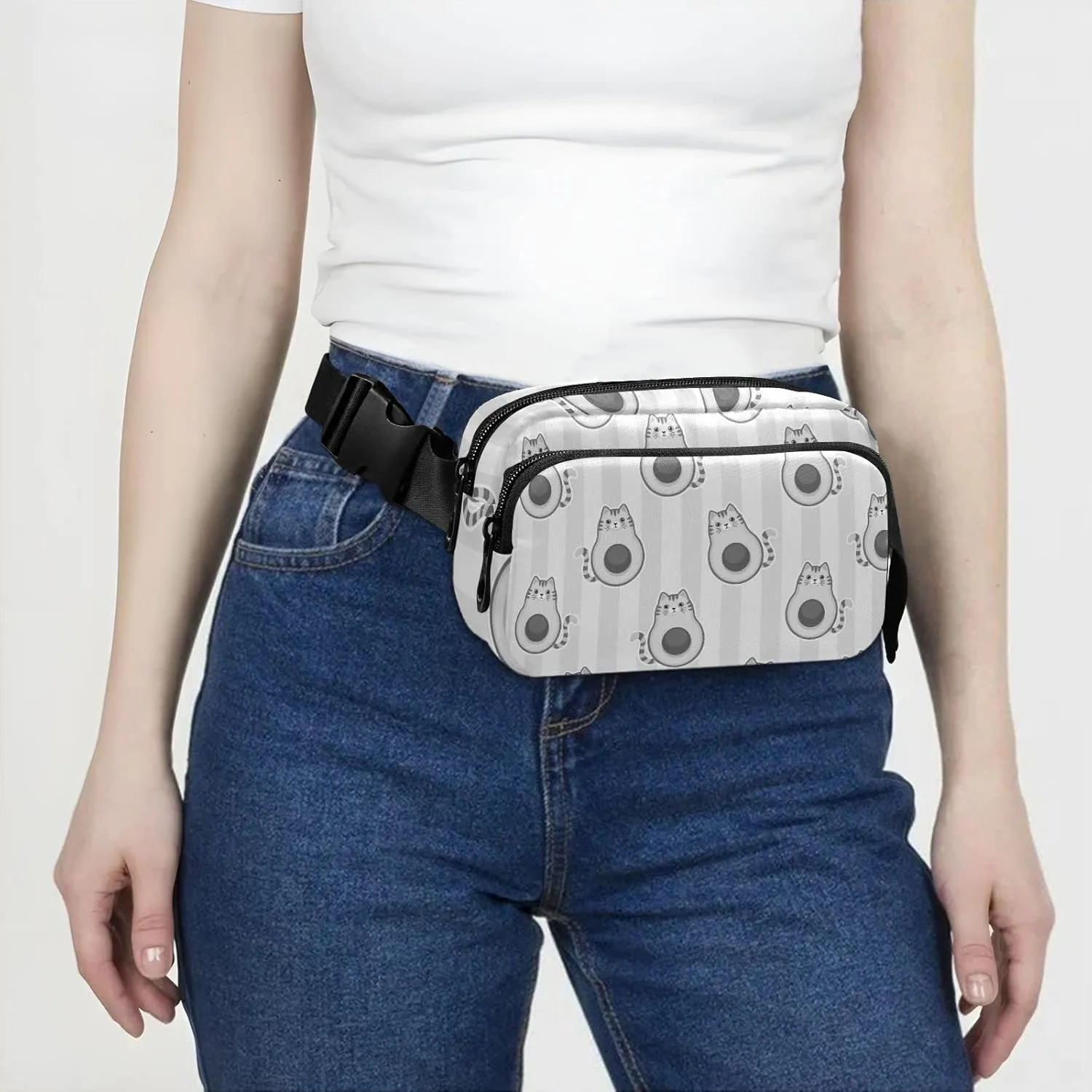 Cute Cartoon Avocados with Cat Muzzle, Ears and Tail Grey Style Adjustable Belt Running Bag, Crossbody Fanny Pack Waist Runners Bag Tote for Women Men Sports Hiking Fitness Exercise Gym Pouch